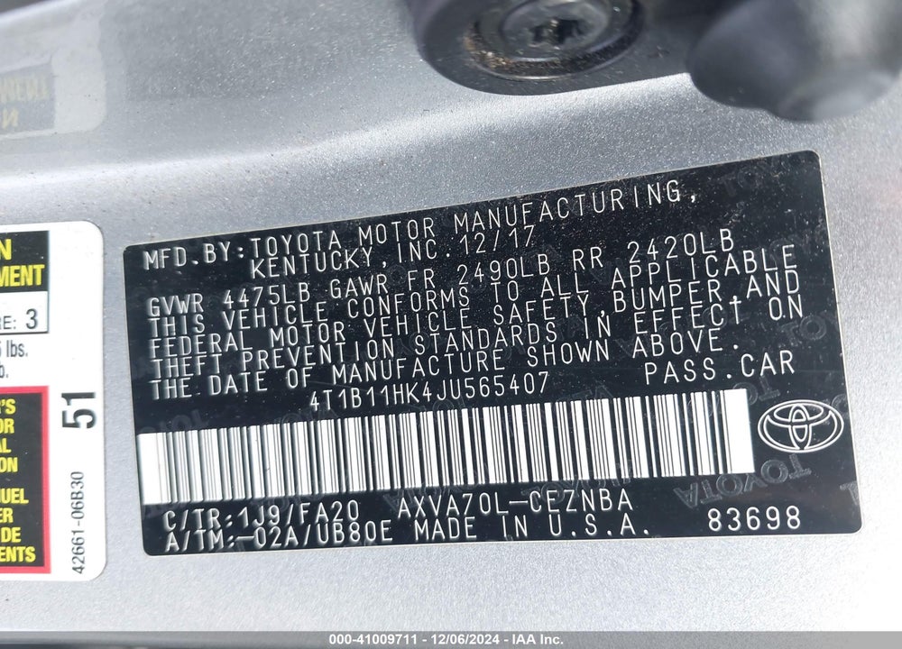 2018 TOYOTA CAMRY LE VIN: 4T1B11HK4JU565407