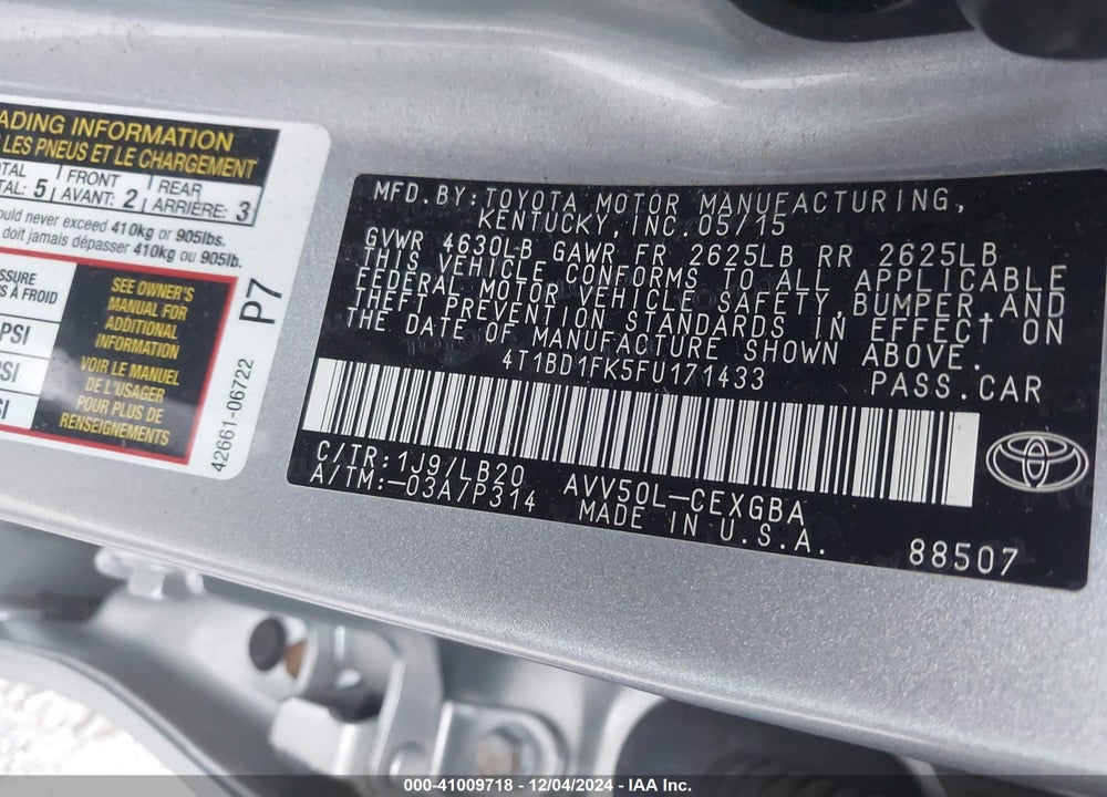 2015 TOYOTA CAMRY HYBRID XLE VIN: 4T1BD1FK5FU171433