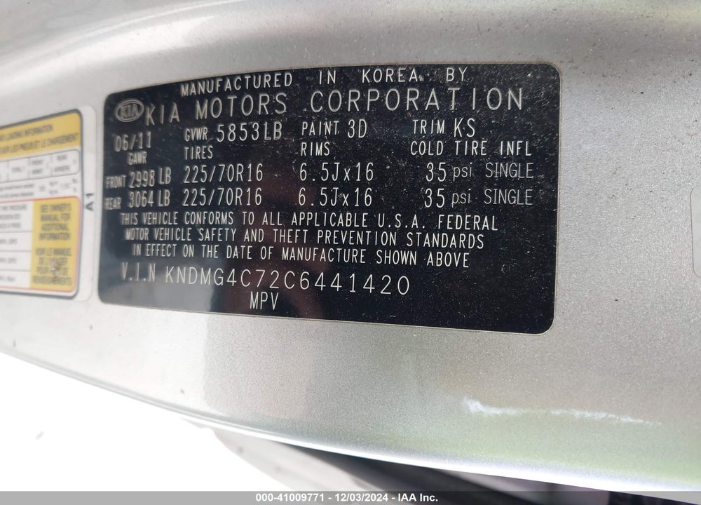 2012 KIA SEDONA LX VIN: KNDMG4C72C6441420