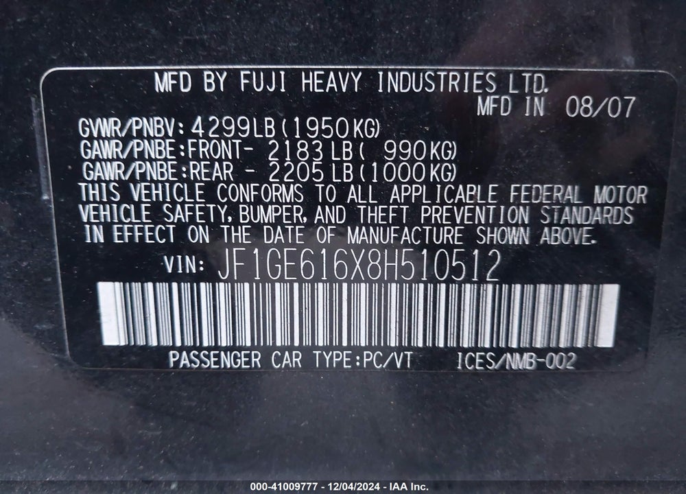 2008 SUBARU IMPREZA 2.5I VIN: JF1GE616X8H510512