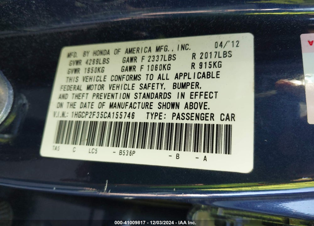 2012 HONDA ACCORD 2.4 LX VIN: 1HGCP2F35CA155746