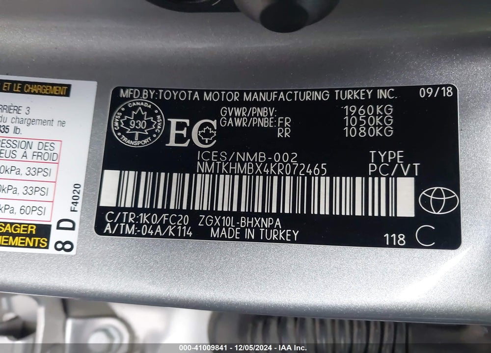 2019 TOYOTA C-HR XLE VIN: NMTKHMBX4KR072465