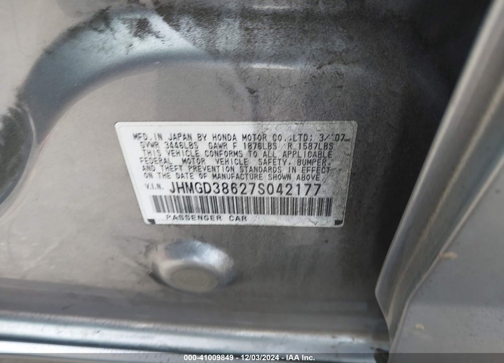 2007 HONDA FIT SPORT VIN: JHMGD38627S042177