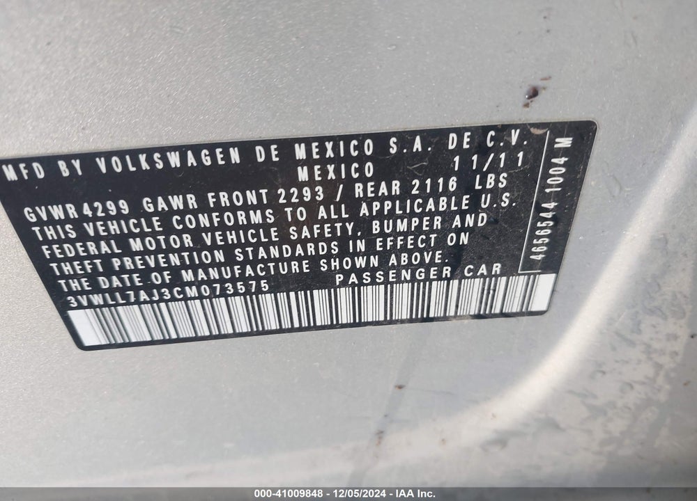 2012 VOLKSWAGEN JETTA TDI VIN: 3VWLL7AJ3CM073575