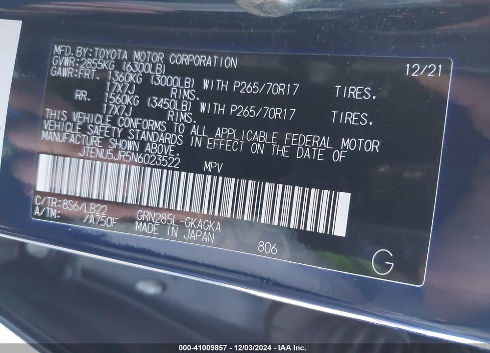 2022 TOYOTA 4RUNNER SR5 PREMIUM VIN: JTENU5JR5N6023522