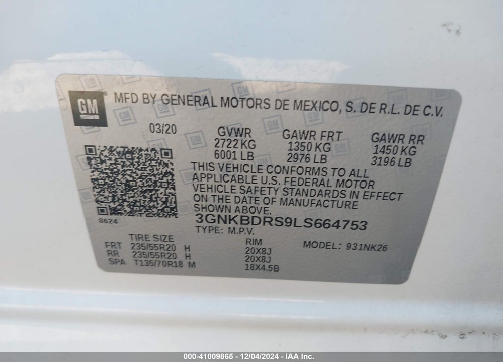 2020 CHEVROLET BLAZER FWD 3LT VIN: 3GNKBDRS9LS664753
