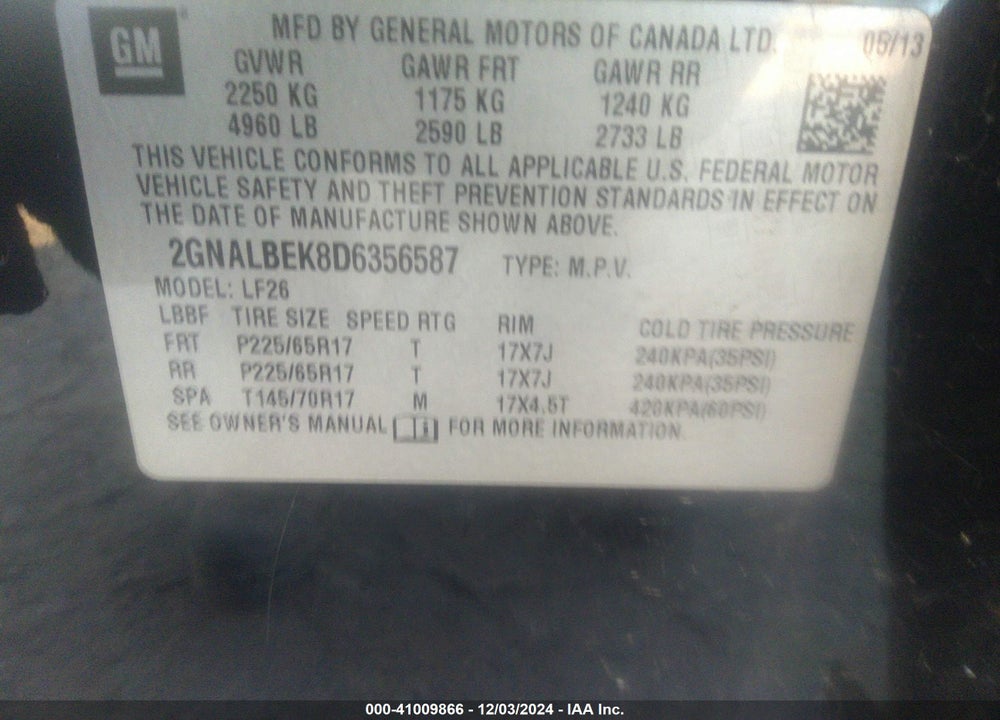 2013 CHEVROLET EQUINOX LS VIN: 2GNALBEK8D6356587