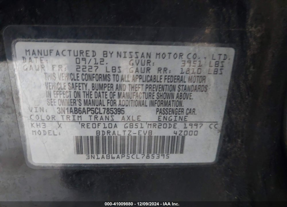 2012 NISSAN SENTRA VIN: 3N1AB6AP5CL785395