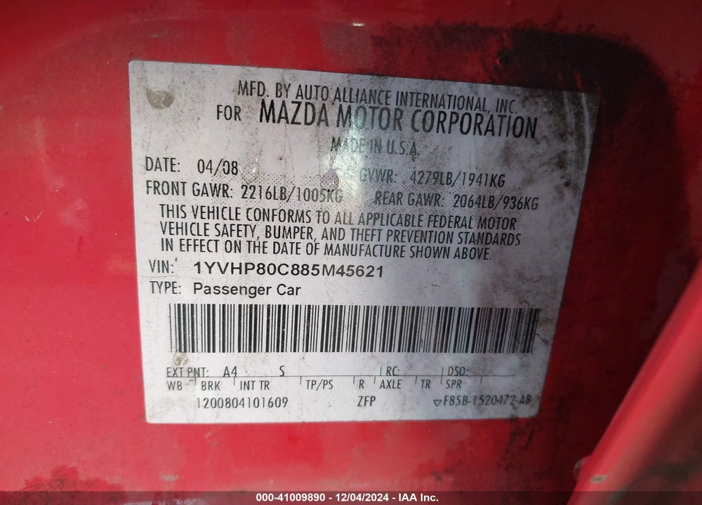 2008 MAZDA 6 VIN: 1YVHP80C885M45621