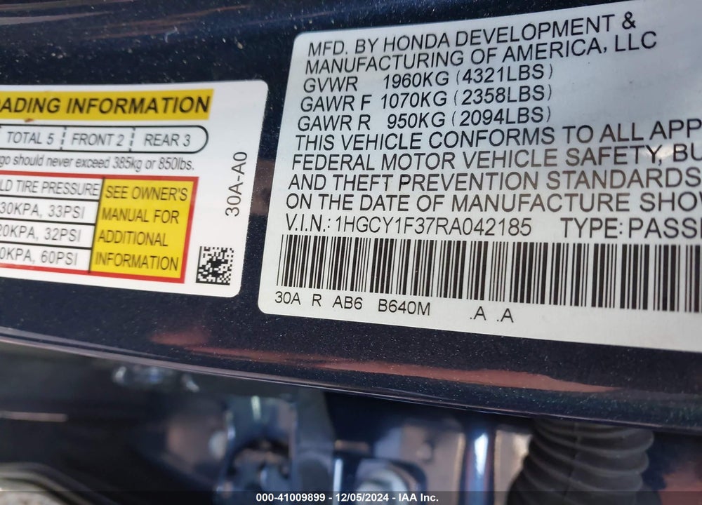 2024 HONDA ACCORD VIN: 1HGCY1F37RA042185