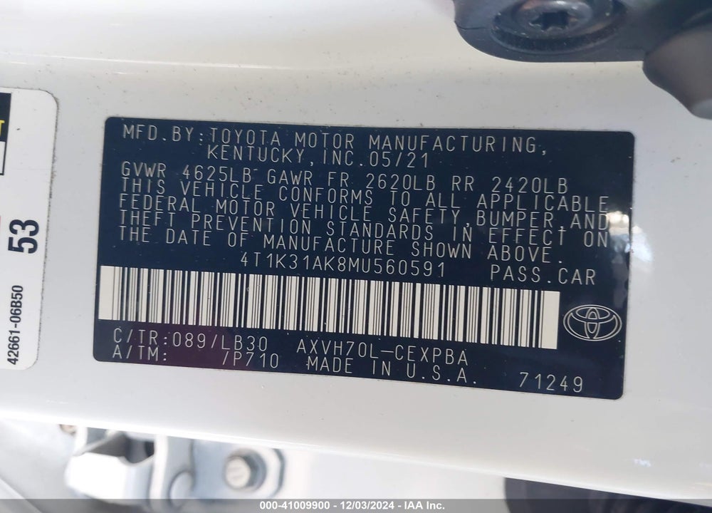 2021 TOYOTA CAMRY VIN: 4T1K31AK8MU560591