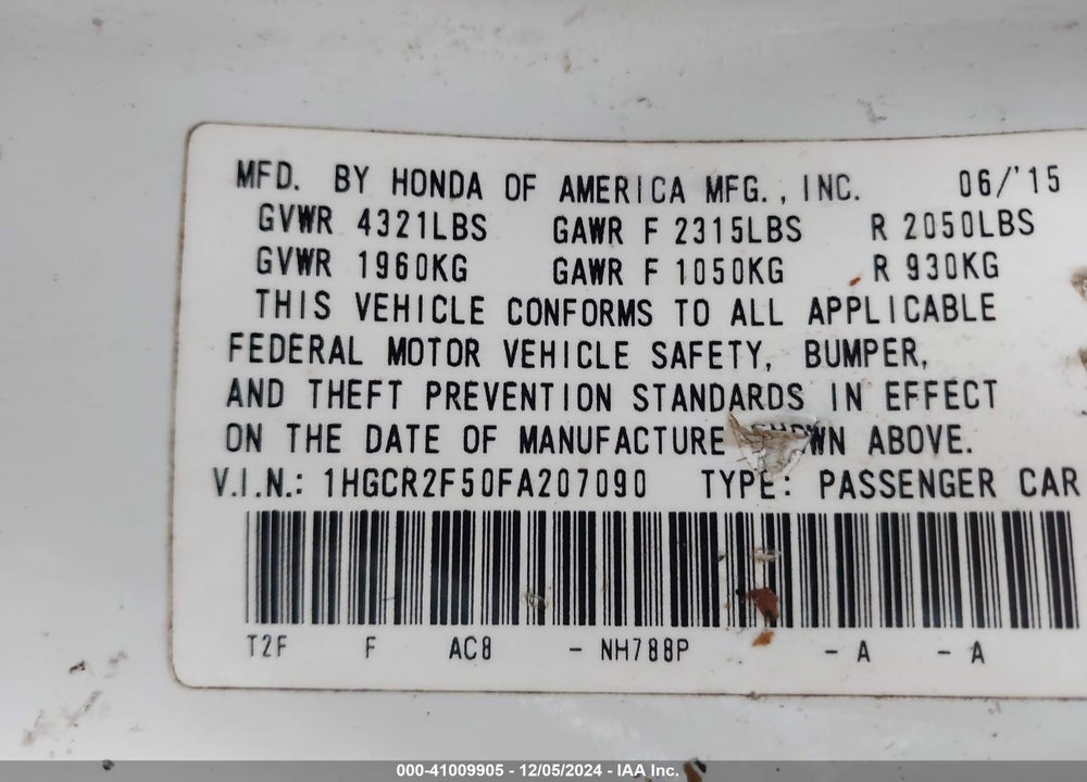 2015 HONDA ACCORD SPORT VIN: 1HGCR2F50FA207090