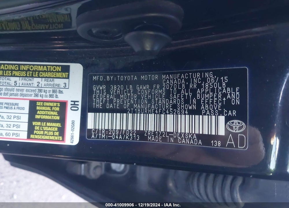 2015 TOYOTA COROLLA S PLUS VIN: 2T1BURHE4FC452694