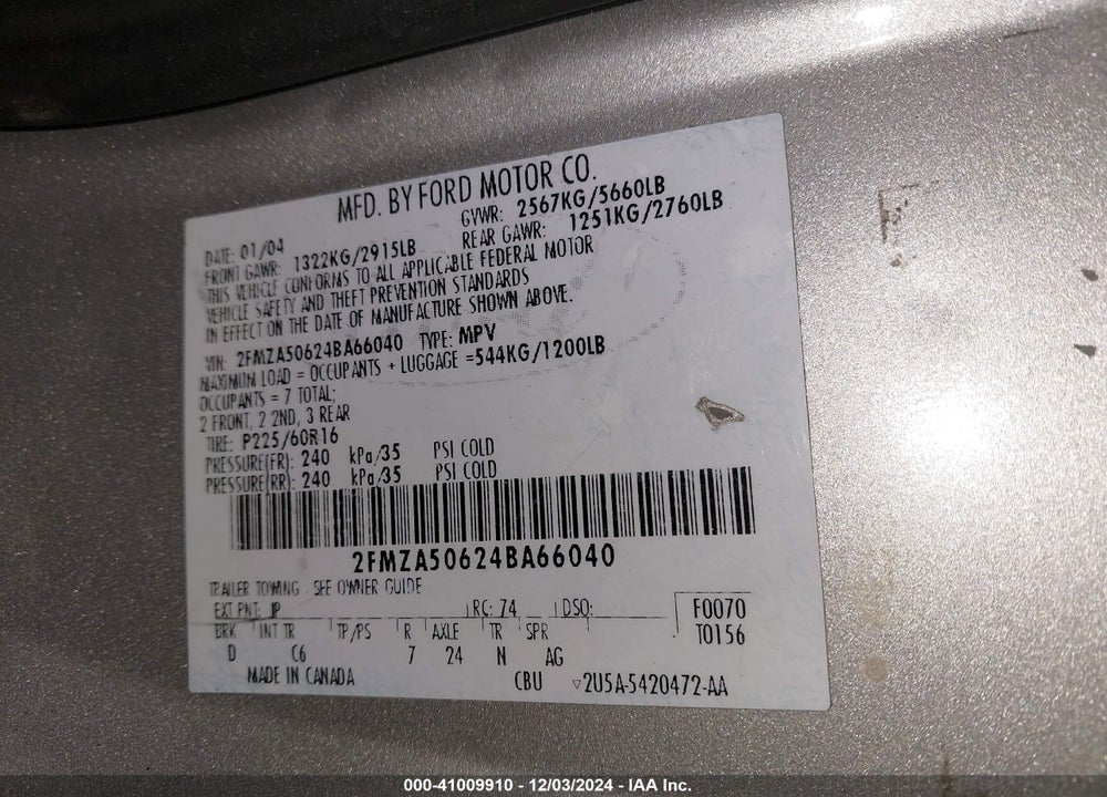 2004 FORD FREESTAR S VIN: 2FMZA50624BA66040