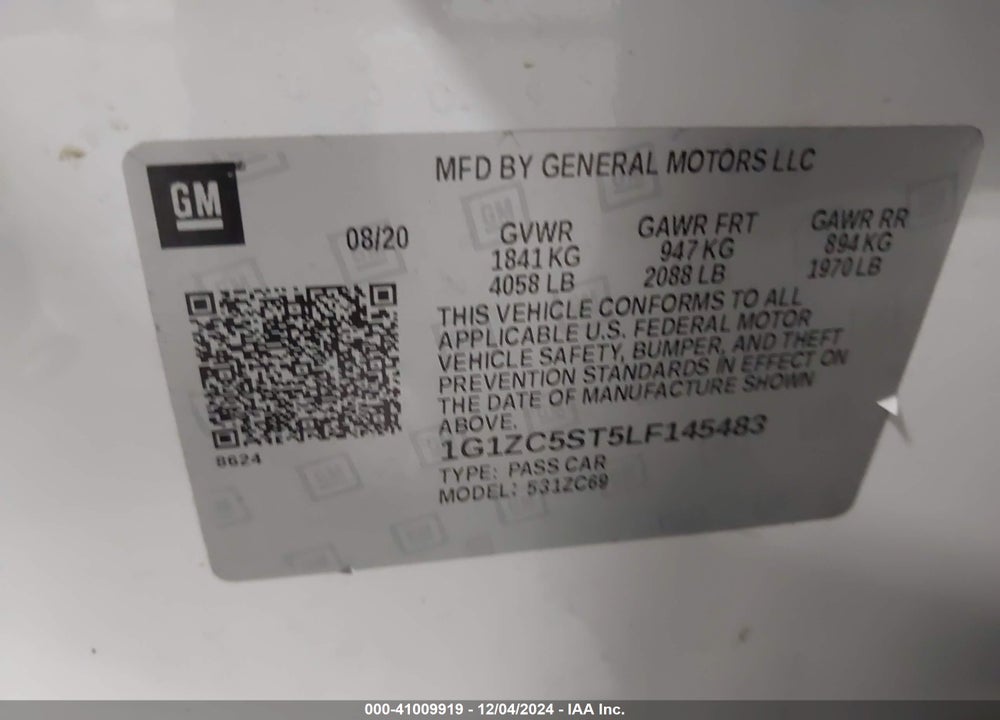 2020 CHEVROLET MALIBU FWD 1FL VIN: 1G1ZC5ST5LF145483