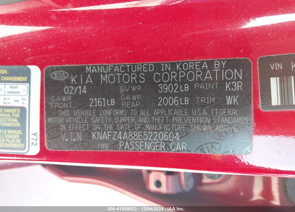 2014 KIA FORTE VIN: KNAFZ4A88E5220604