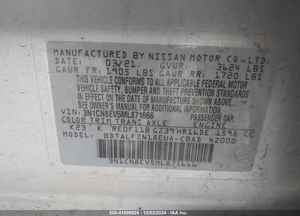 2021 NISSAN VERSA SV XTRONIC CVT VIN: 3N1CN8EV5ML871666