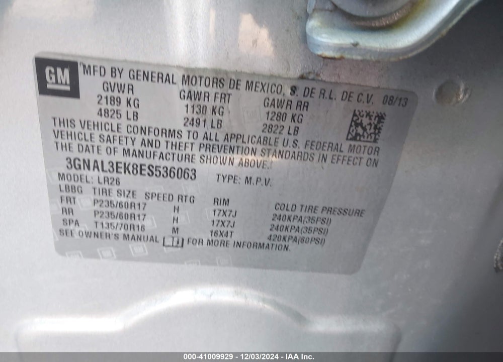 2014 CHEVROLET CAPTIVA SPORT LT VIN: 3GNAL3EK8ES536063