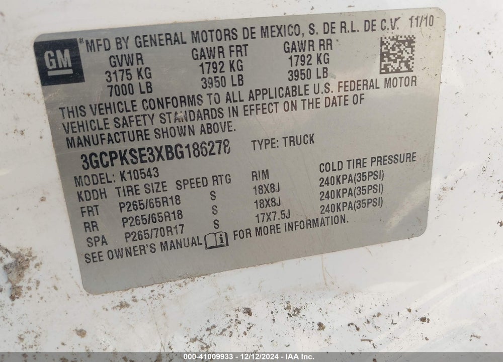 2011 CHEVROLET SILVERADO 1500 LT VIN: 3GCPKSE3XBG186278