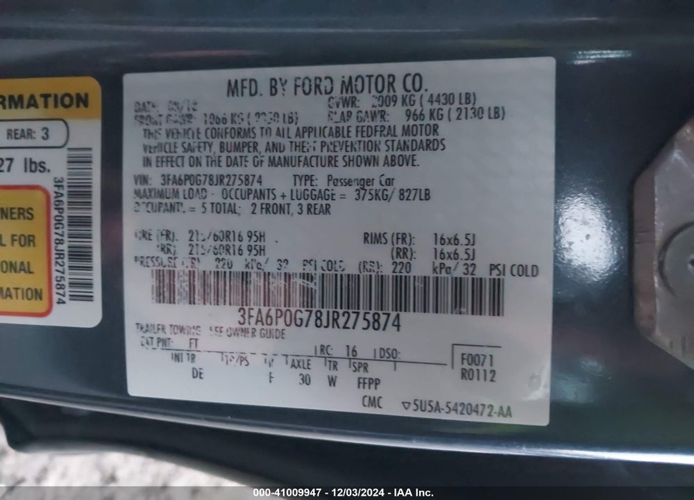2018 FORD FUSION S VIN: 3FA6P0G78JR275874
