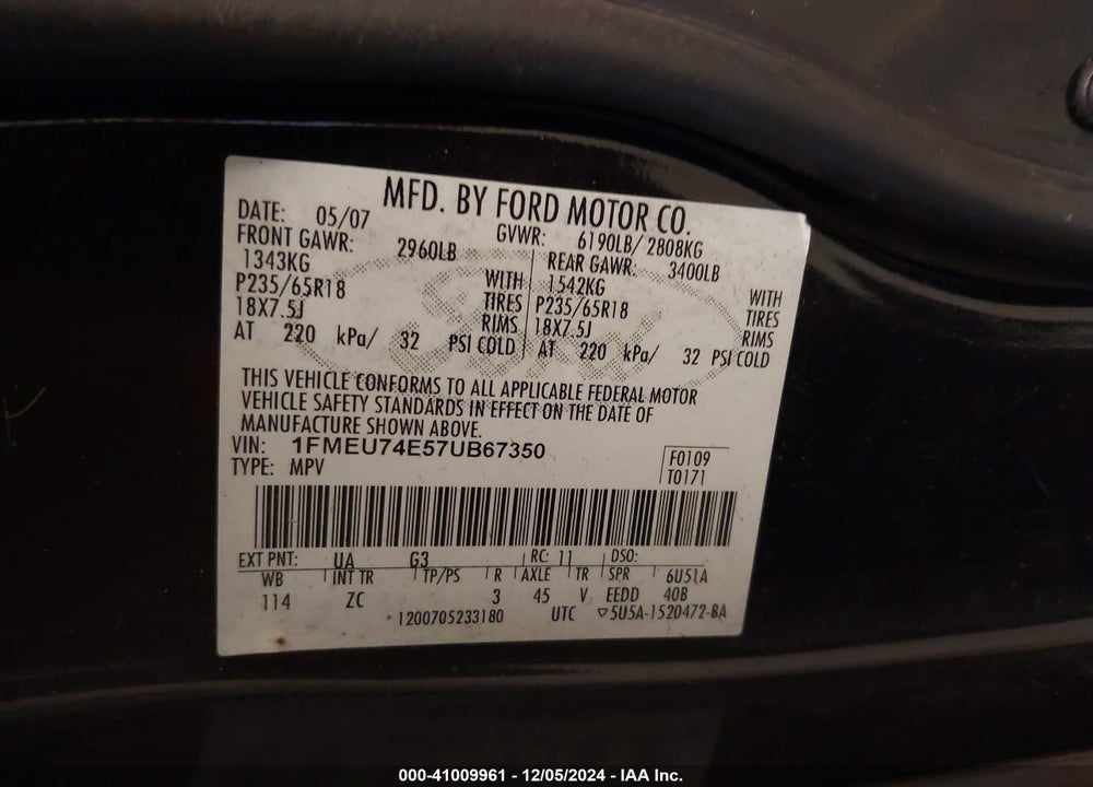 2007 FORD EXPLORER EDDIE BAUER VIN: 1FMEU74E57UB67350