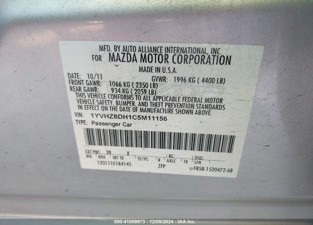 2012 MAZDA 6 I TOURING VIN: 1YVHZ8DH1C5M11156