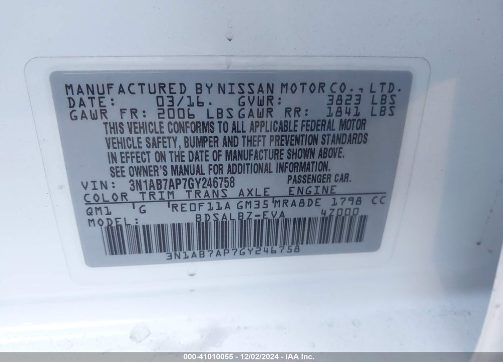 2016 NISSAN SENTRA FE+ S/S/SL/SR/SV VIN: 3N1AB7AP7GY246758