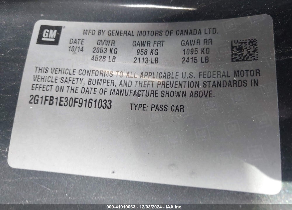 2015 CHEVROLET CAMARO 2LS VIN: 2G1FB1E30F9161033