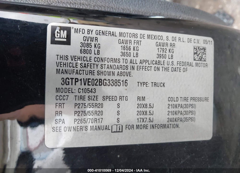 2011 GMC SIERRA 1500 SLE VIN: 3GTP1VE02BG338516