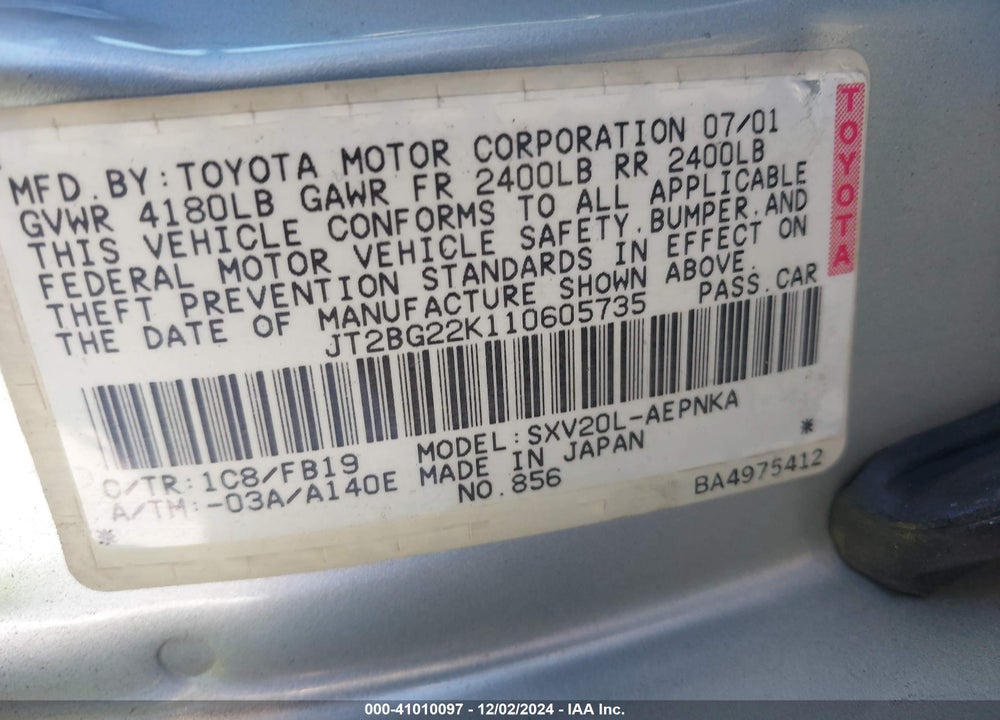2001 TOYOTA CAMRY LE VIN: JT2BG22K110605735