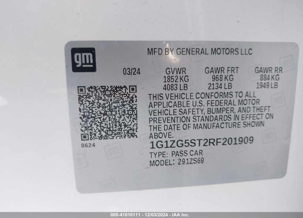 2024 CHEVROLET MALIBU VIN: 1G1ZG5ST2RF201909
