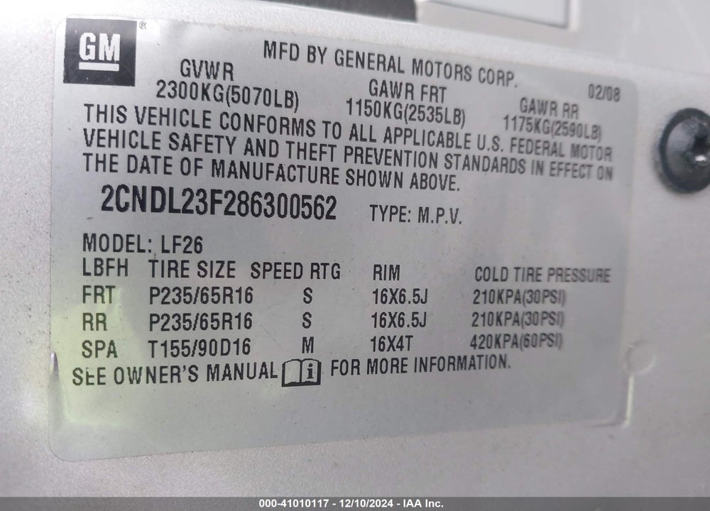 2008 CHEVROLET EQUINOX LS VIN: 2CNDL23F286300562