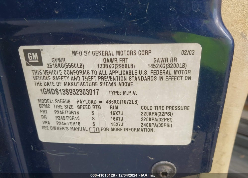 2003 CHEVROLET TRAILBLAZER LS VIN: 1GNDS13S932303017