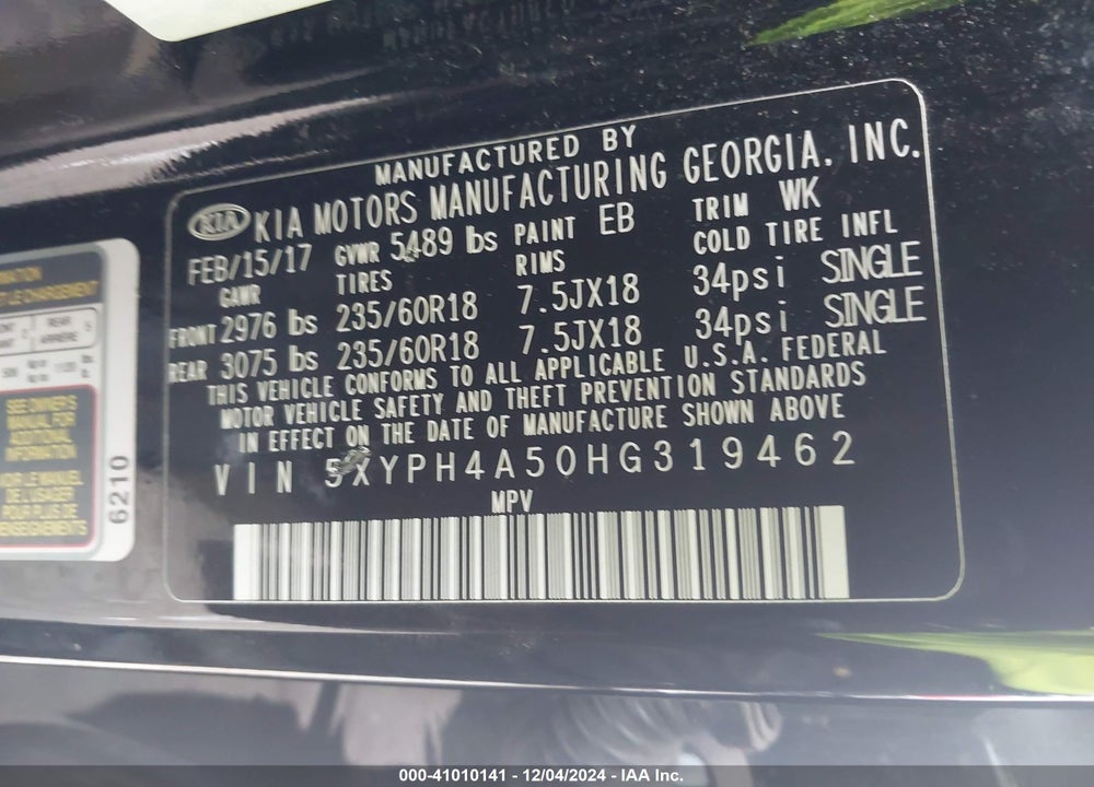 2017 KIA SORENTO 3.3L EX VIN: 5XYPH4A50HG319462