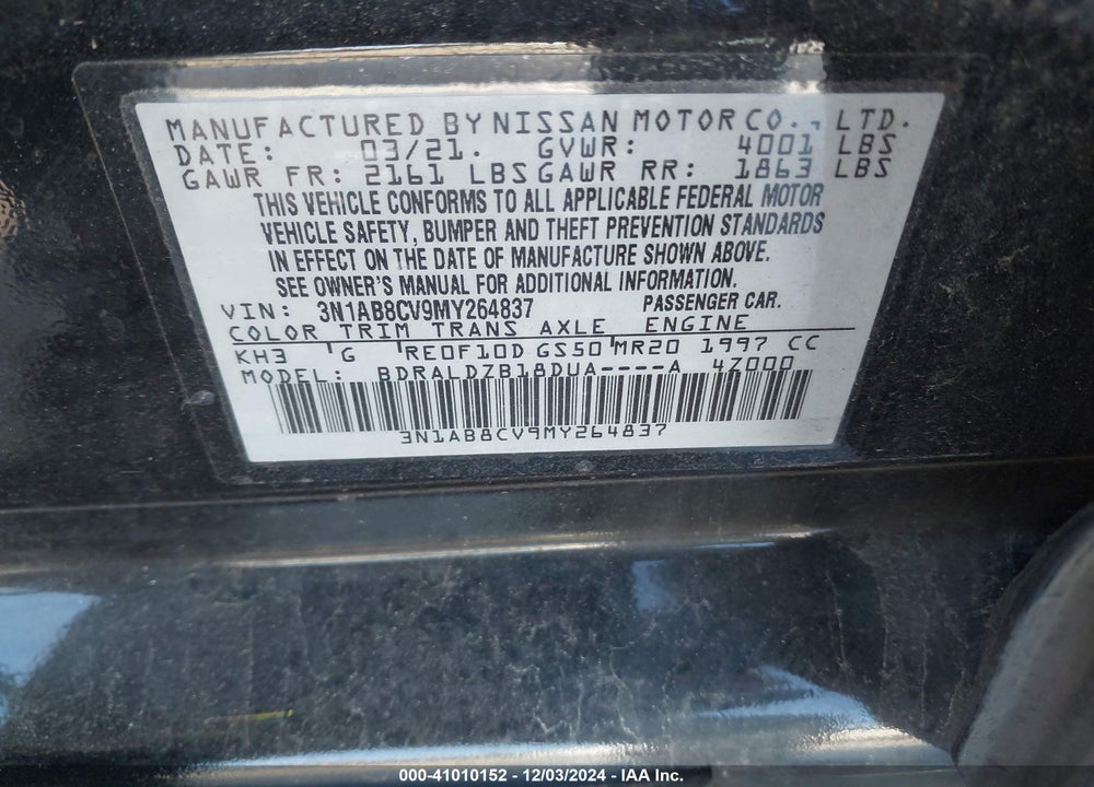 2021 NISSAN SENTRA SV XTRONIC CVT VIN: 3N1AB8CV9MY264837