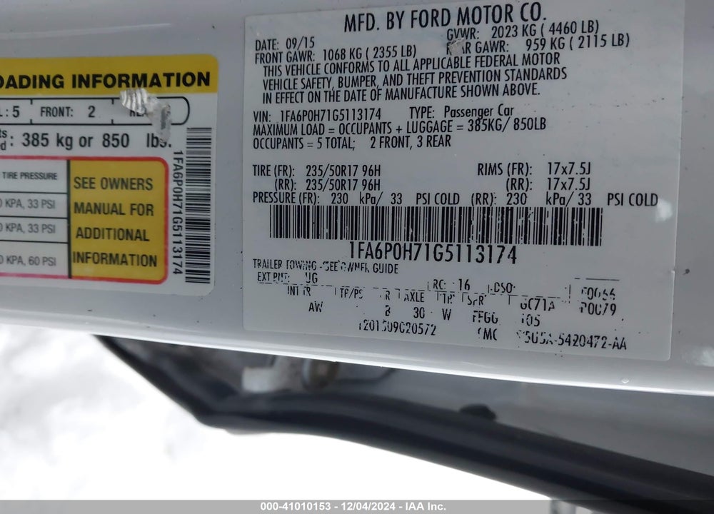 2016 FORD FUSION SE VIN: 1FA6P0H71G5113174