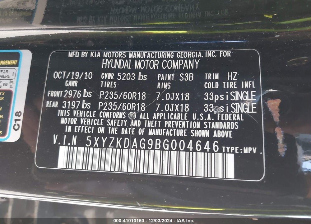 2011 HYUNDAI SANTA FE LIMITED V6 VIN: 5XYZKDAG9BG004646