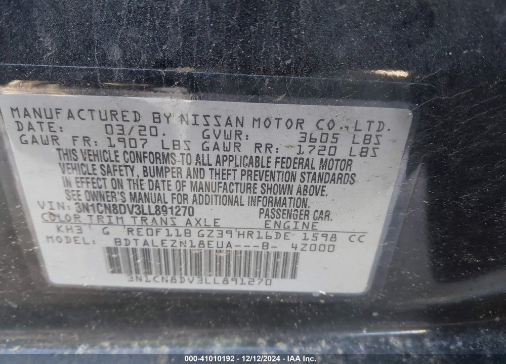 2020 NISSAN VERSA S XTRONIC CVT VIN: 3N1CN8DV3LL891270