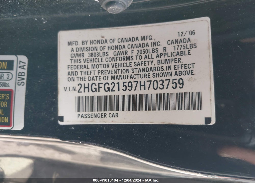 2007 HONDA CIVIC SI VIN: 2HGFG21597H703759