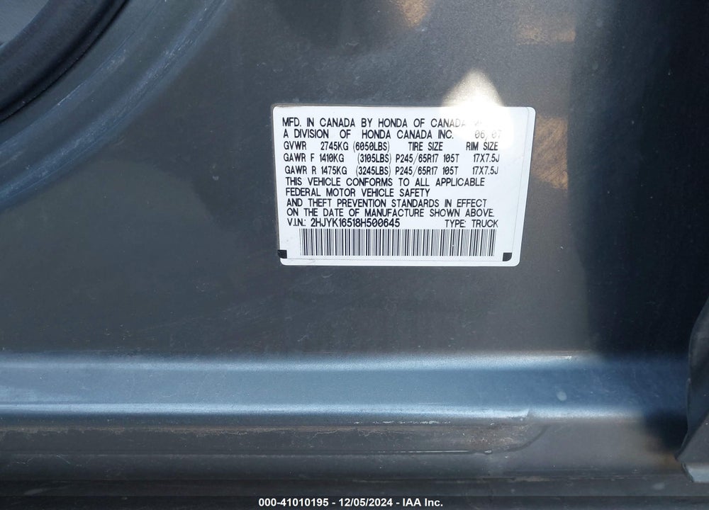 2008 HONDA RIDGELINE RTL VIN: 2HJYK16518H500645