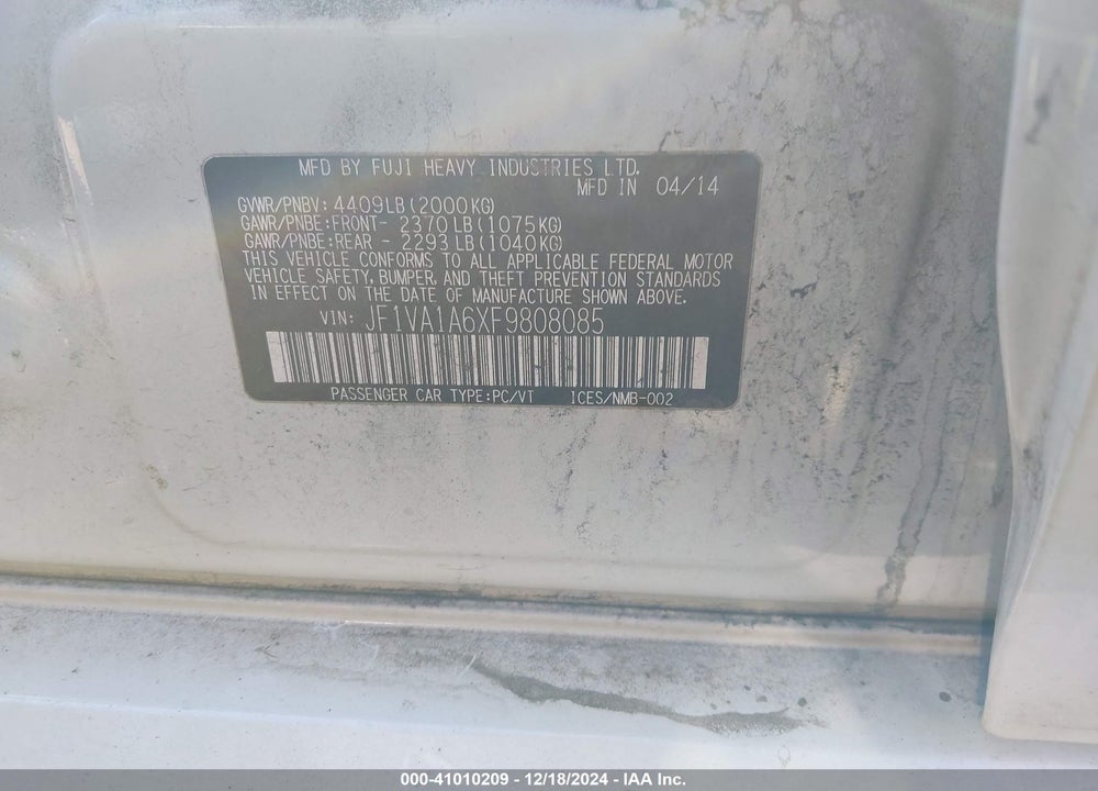 2015 SUBARU WRX VIN: JF1VA1A6XF9808085