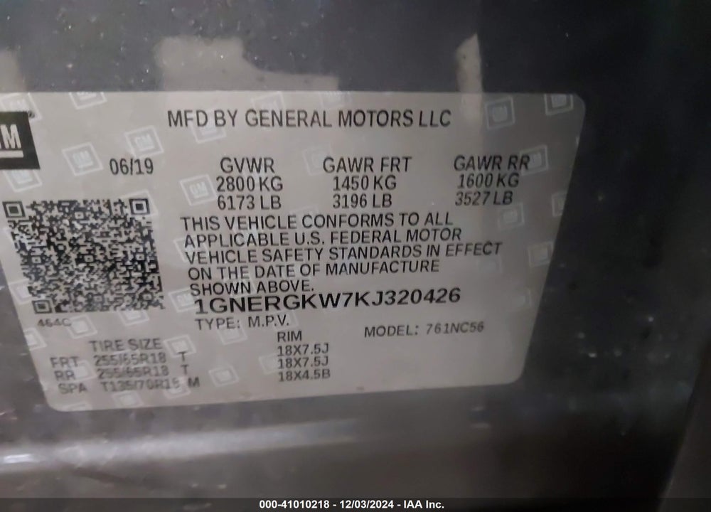 2019 CHEVROLET TRAVERSE 1LT VIN: 1GNERGKW7KJ320426