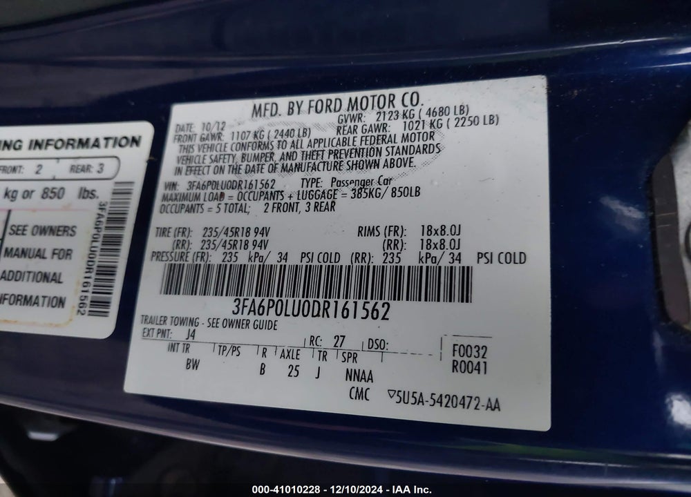 2013 FORD FUSION HYBRID SE VIN: 3FA6P0LU0DR161562