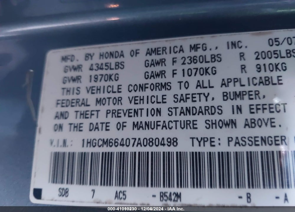 2007 HONDA ACCORD 3.0 SE VIN: 1HGCM66407A080498