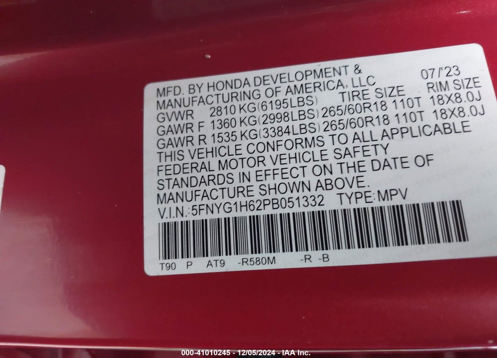 2023 HONDA PILOT AWD TRAILSPORT VIN: 5FNYG1H62PB051332