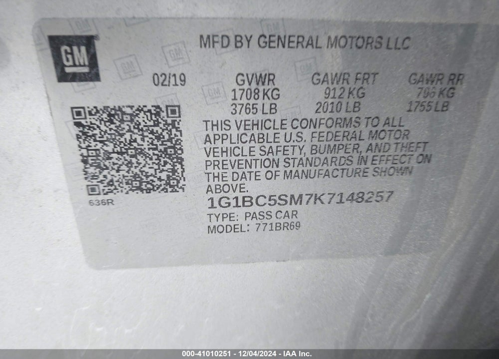 2019 CHEVROLET CRUZE LS VIN: 1G1BC5SM7K7148257