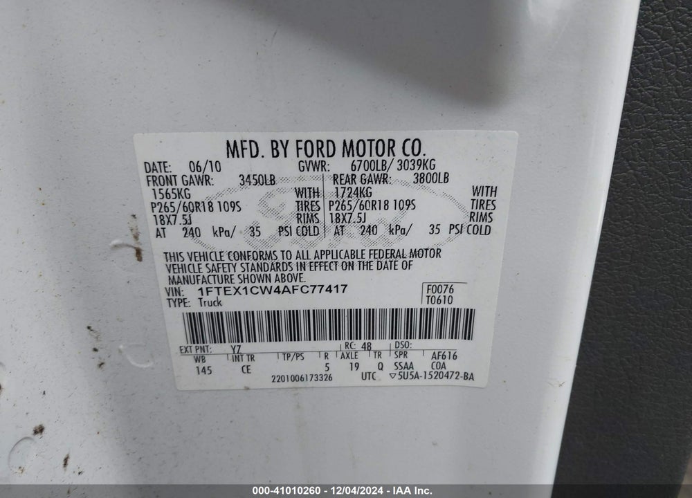 2010 FORD F-150 VIN: 1FTEX1CW4AFC77417