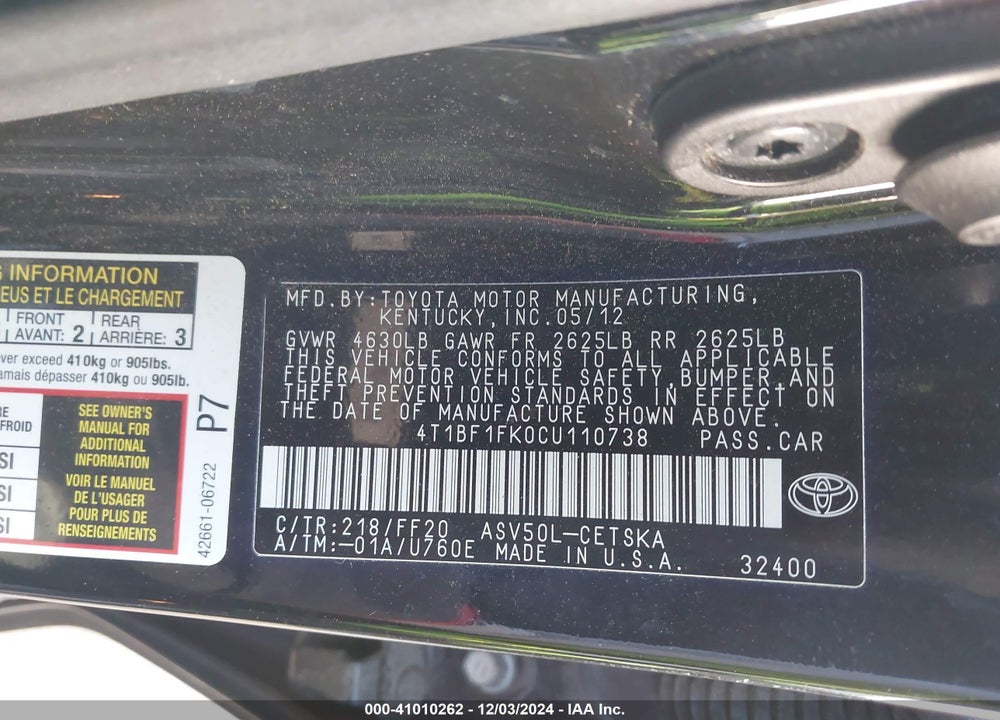 2012 TOYOTA CAMRY SE VIN: 4T1BF1FK0CU110738