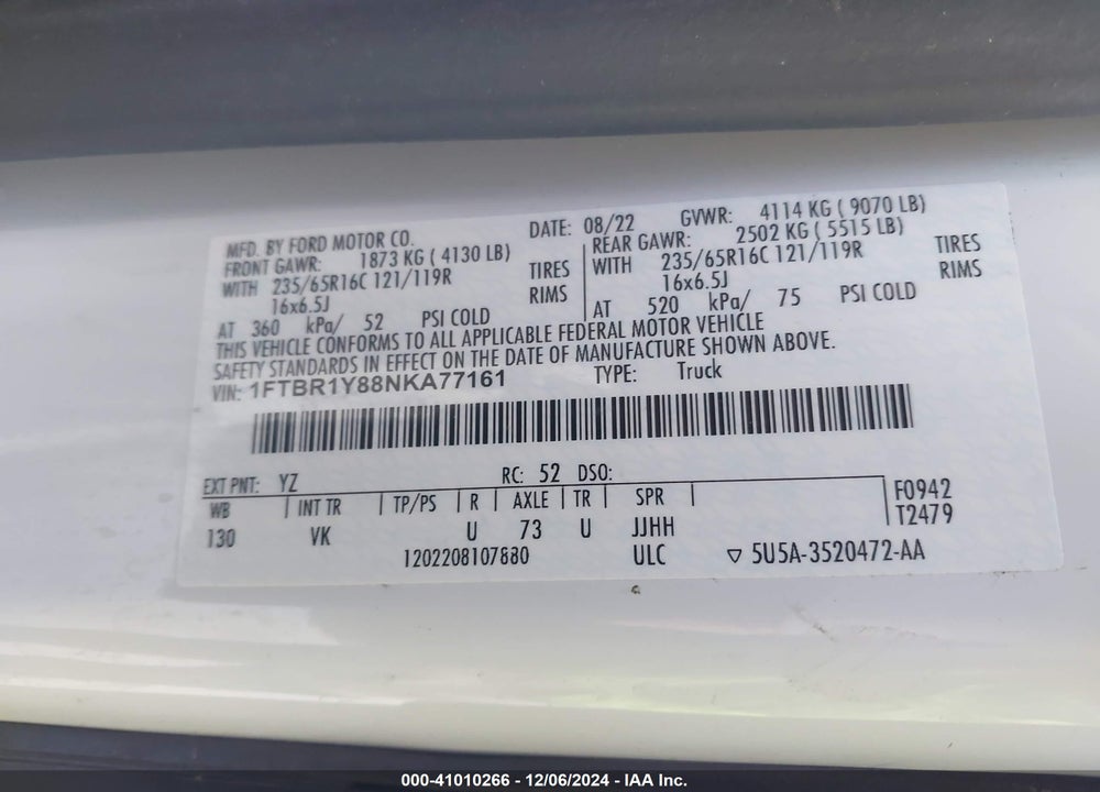 2022 FORD TRANSIT-250 CARGO VAN VIN: 1FTBR1Y88NKA77161
