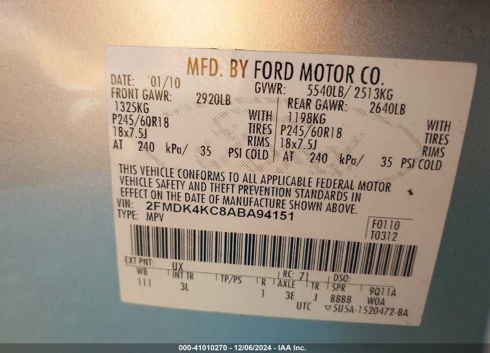 2010 FORD EDGE LIMITED VIN: 2FMDK4KC8ABA94151